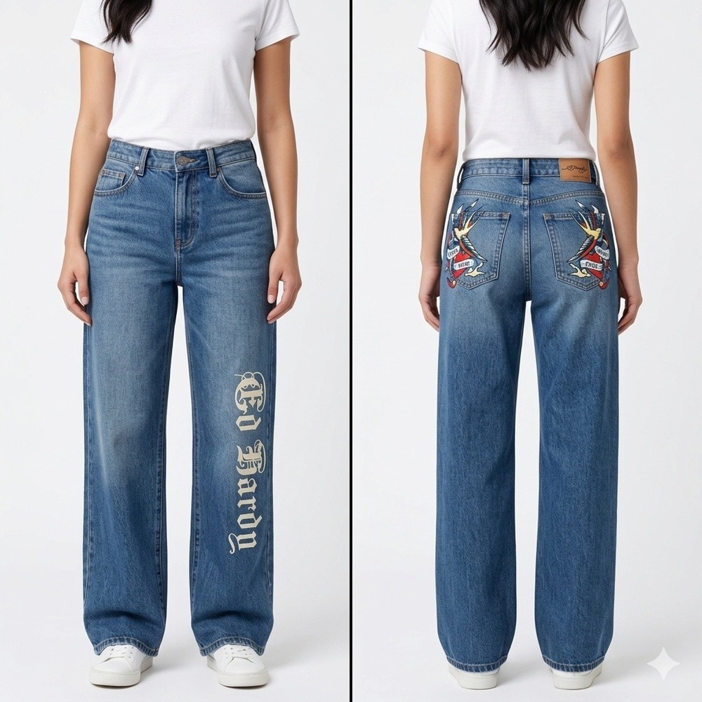 Ed Hardy Women Wide‎ Leg Jeans Blue Tattoo Graphic Born Free Cinch Back 24